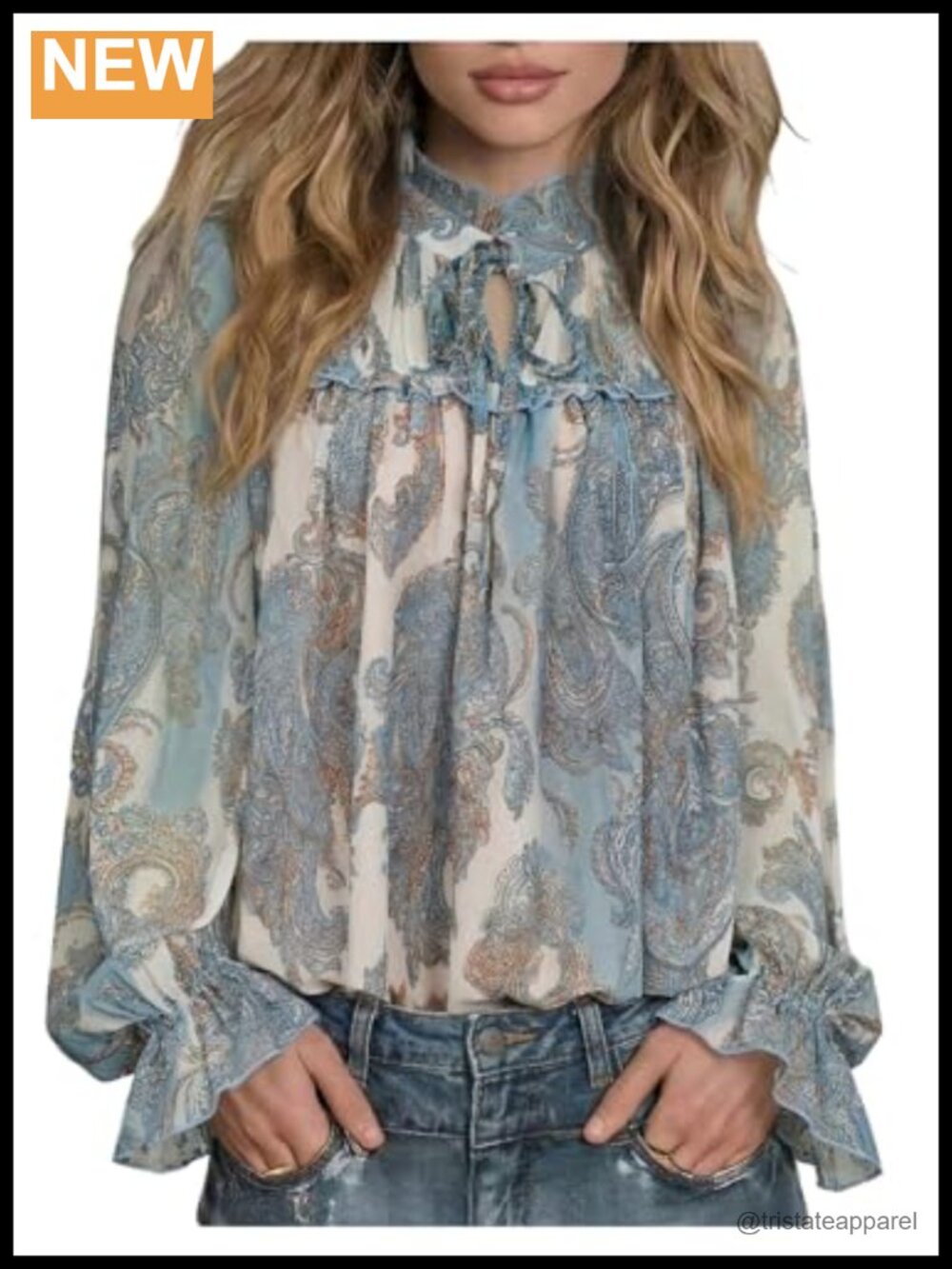 Women's Ruffle Chiffon Paisley Boho Peasant Blouse Tie Front Long Sleeve